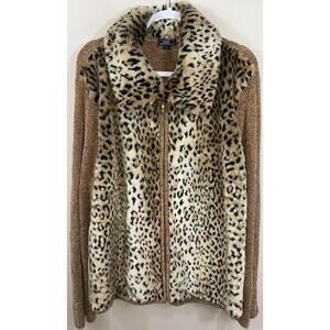 Lisa International Leopard Print Full Zip Cardigan Sweater Faux Fur Front Sz 1X